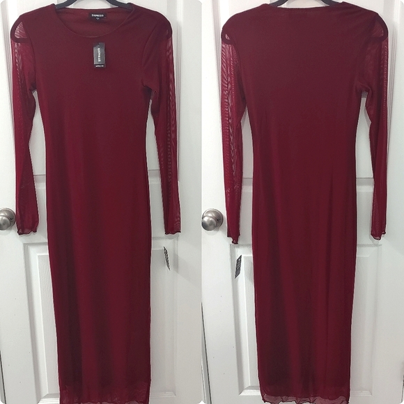 NWT Express Mesh Burgundy Crew Neck Long Sleeve Midi Dress Size S - Picture 2 of 11